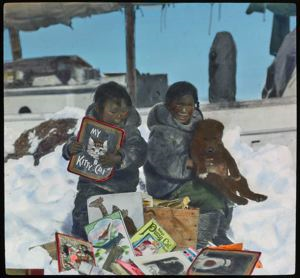 Image of Eskimo [Inuit] Children Alongside Bowdoin with Books [Sheojuk and Tarkto]